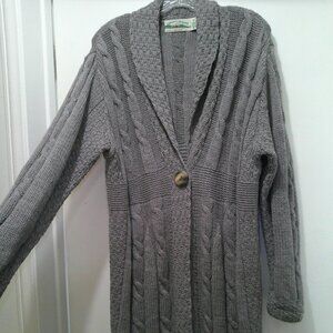 Aran Crafts Ireland Merino Wool Long Cable Knit Cardigan Sweater Gray Size XL